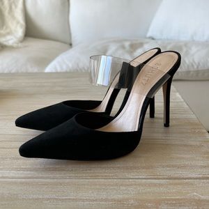 Schutz Black Suede & Clear Strap Mule Heels – Size 7B